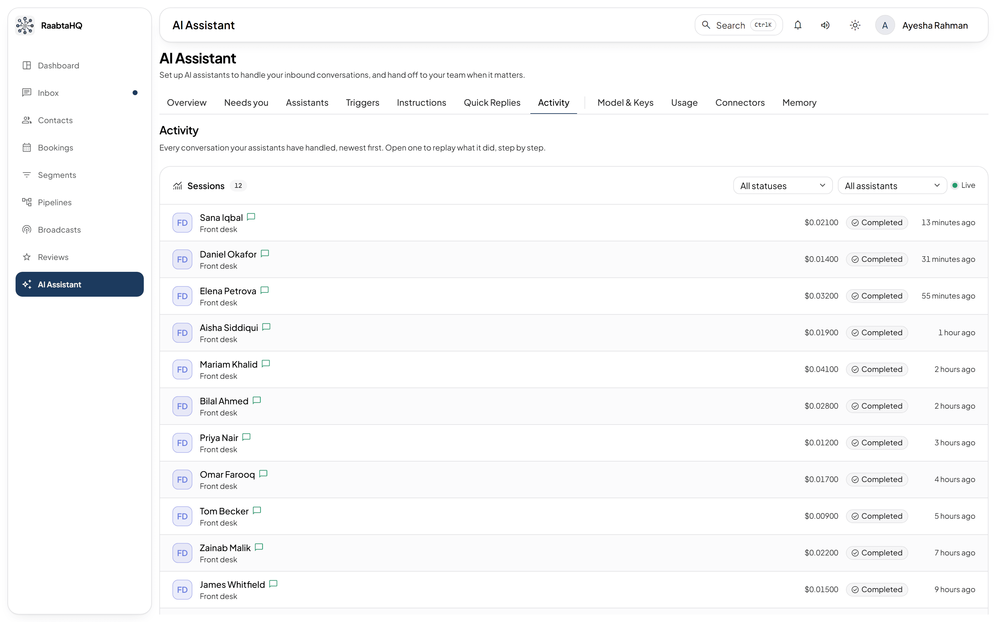 AI activity in RaabtaHQ: every conversation an assistant has handled, with its cost, status and how long ago it ran.