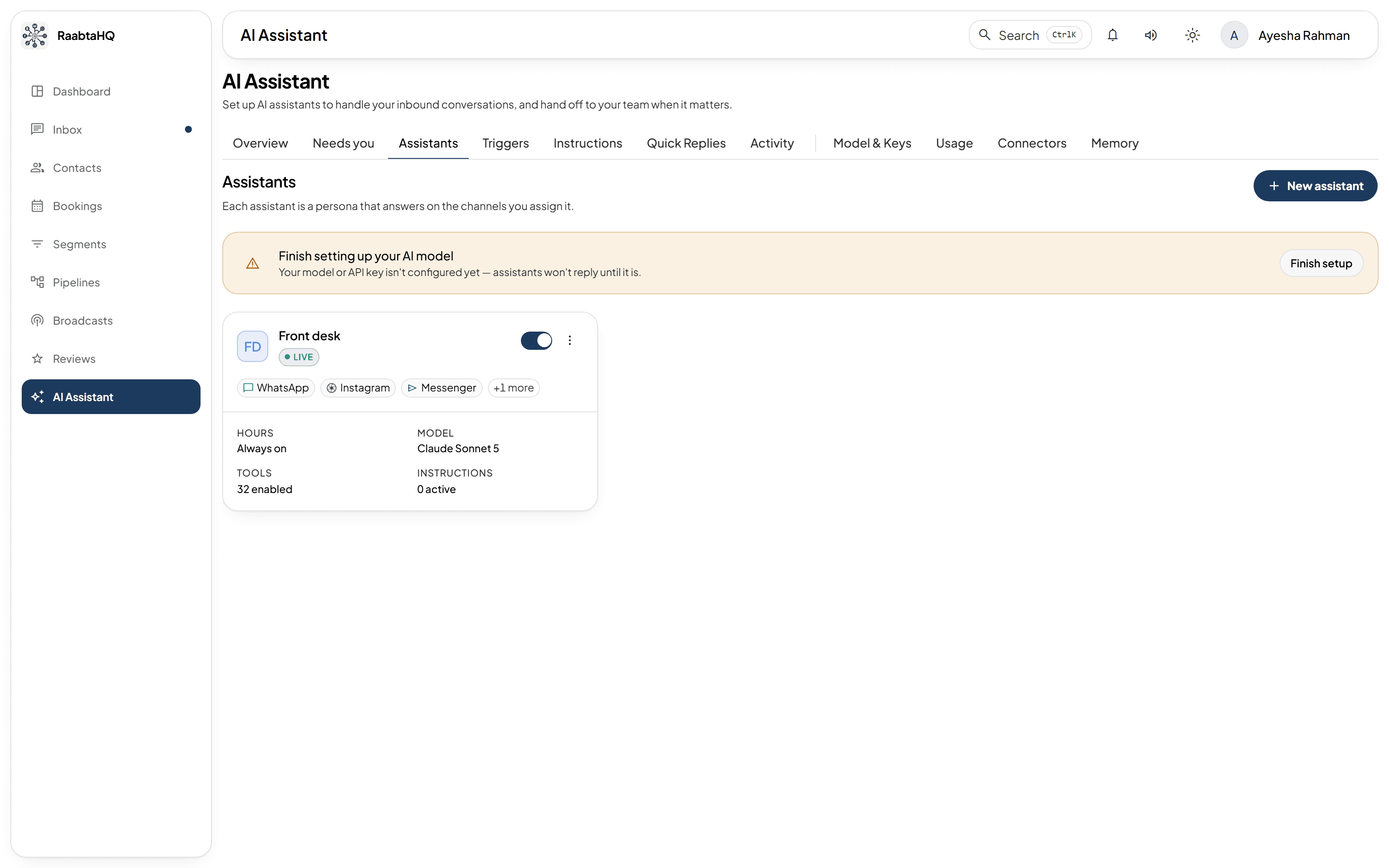 The AI assistants screen in RaabtaHQ, showing an assistant and the channels it answers on.