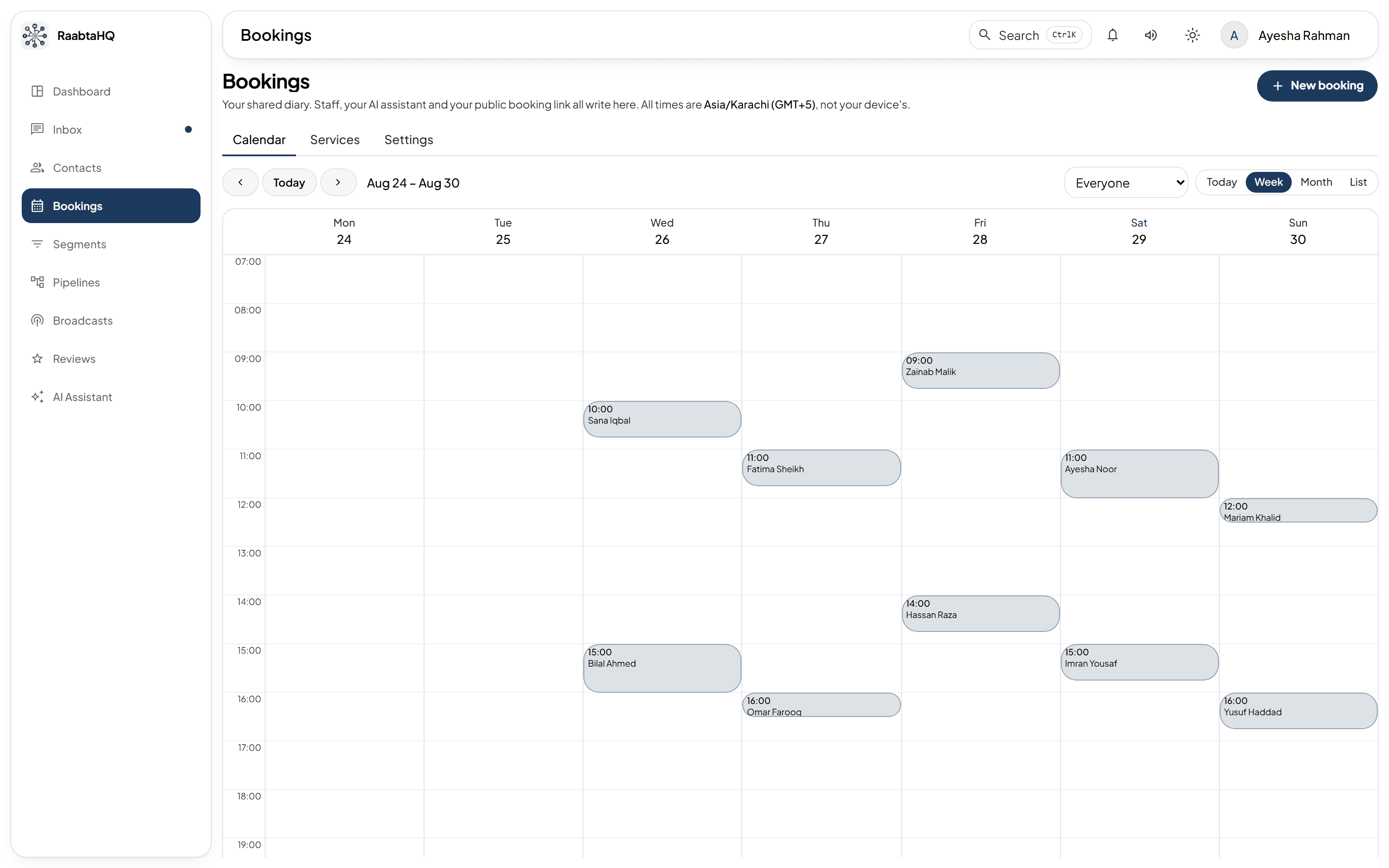 The bookings diary in RaabtaHQ, a week view with appointments made by staff, by the AI assistant and through the public booking page.