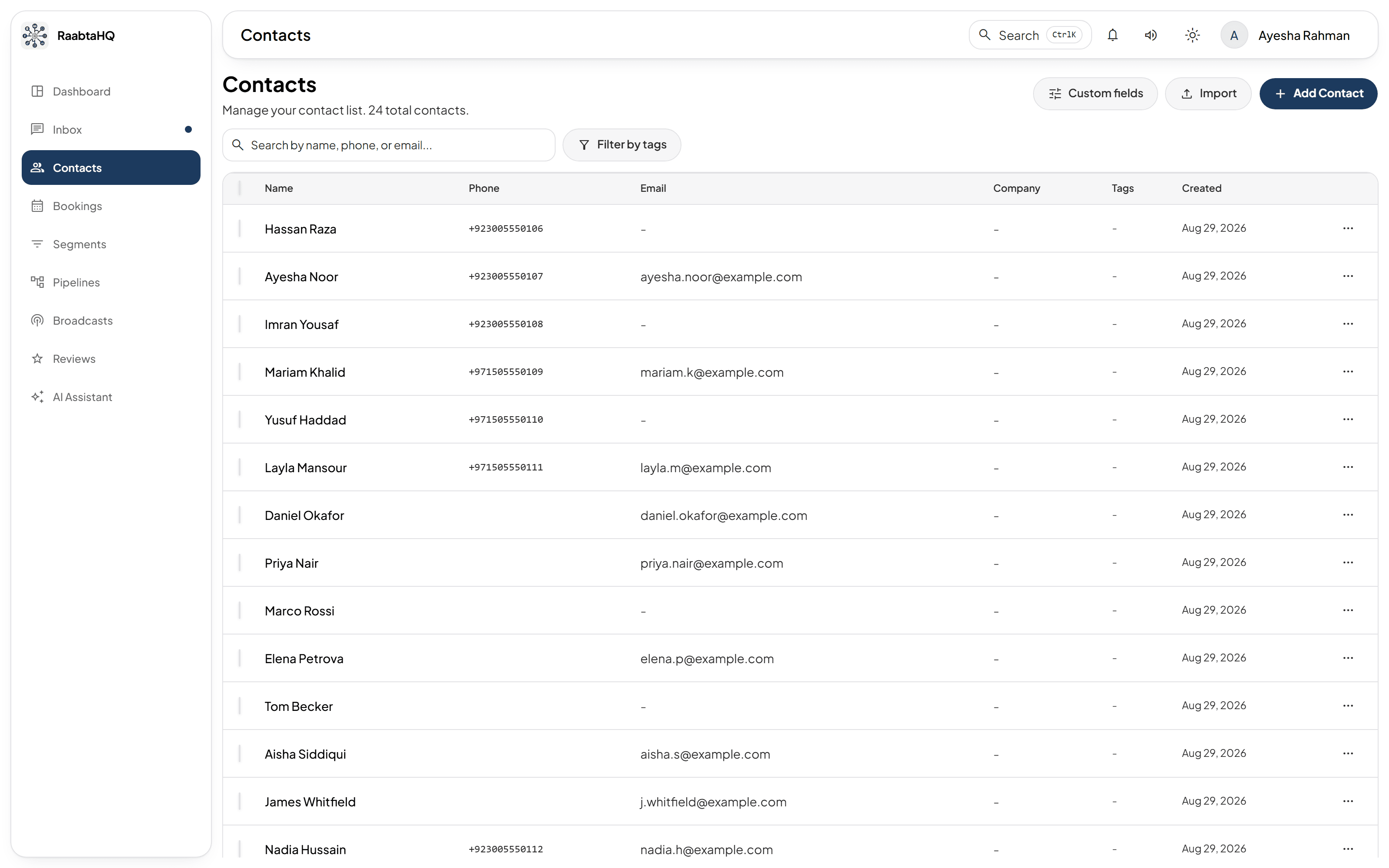 The contacts list in RaabtaHQ, with tags, channels and last-activity for each record.