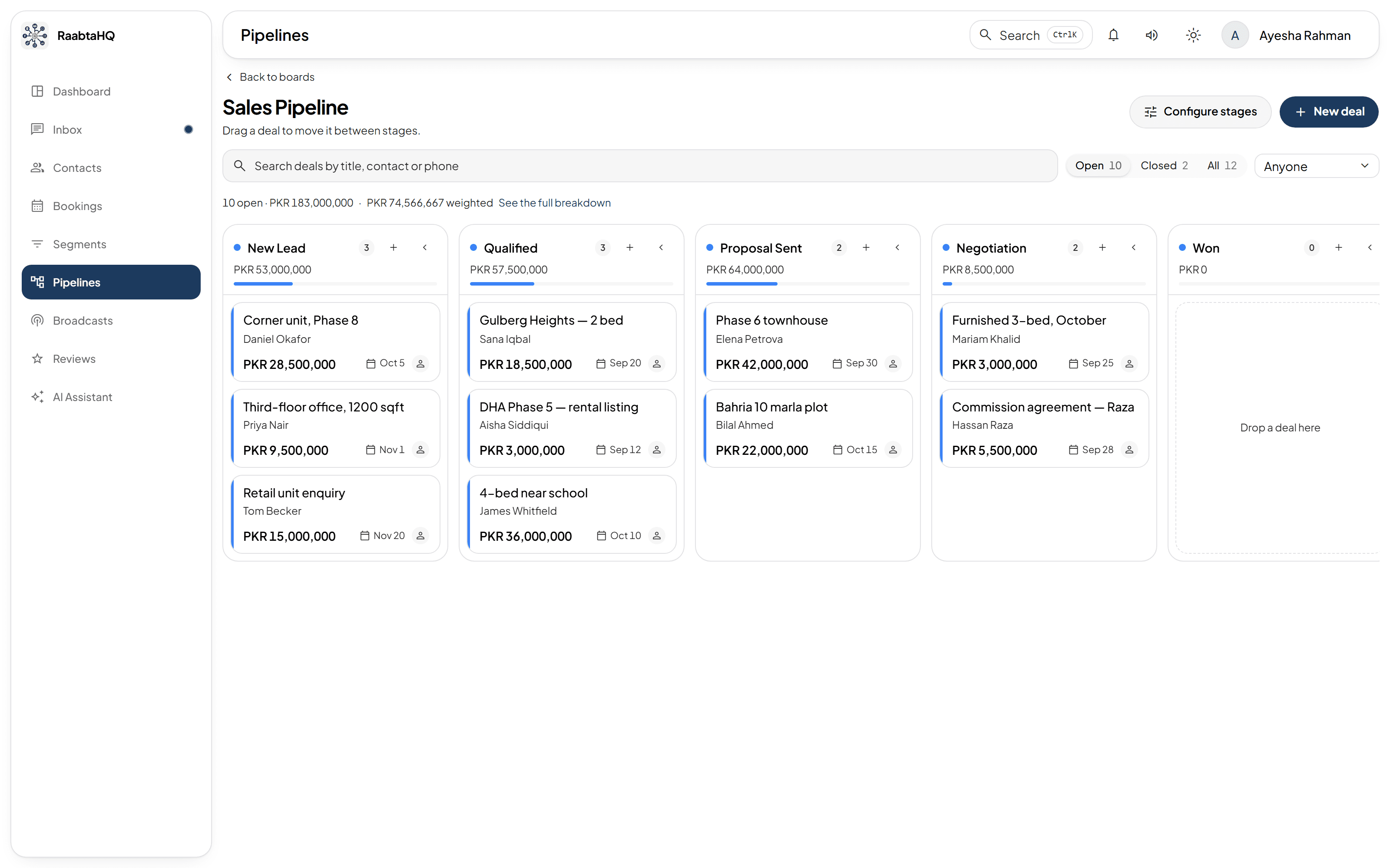 A deal pipeline in RaabtaHQ as a kanban board, with deals in custom stages and the value of each stage totalled.