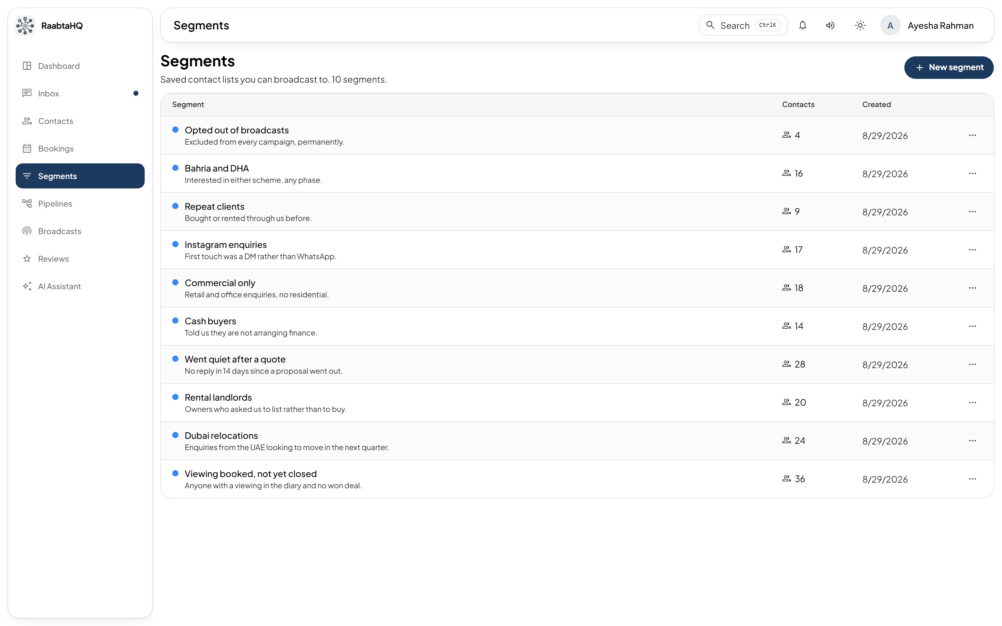 Saved segments in RaabtaHQ, each a stored contact list with its own rule and member count.